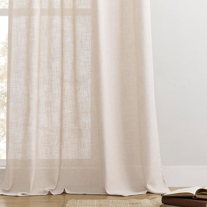Joydeco Linen Curtains for Living Room,Semi Sheer Drapes Window Long Curtains 90 inches Long Pink Beige