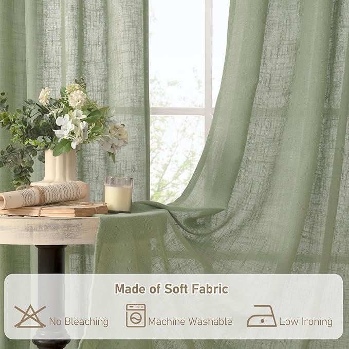 LAMIT Sage Green Linen Sheer Curtains 84 inch for Living Room, Linen Textured Light Filtering Drapes Bronze Grommet Boho Panels for Farmhouse/Living Room, 2 Panels, 60 x 84 Inch