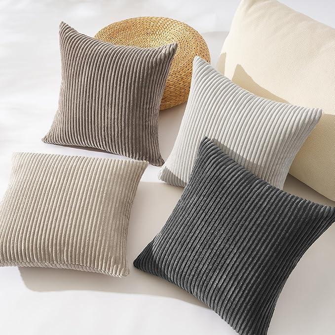 Topfinel 4 Packs Natural Decorative Throw Pillows Covers 20x20 Inch for Living Room Couch Bed Sofa, Rustic Farmhouse Boho Neutral Home Decor, Soft Plush Striped Corduroy Square Cushion Case 50x50 cm