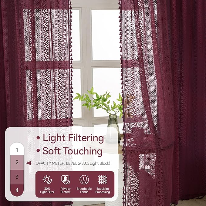 WAZZIO Boho Lace Curtains 63 Inches 2 Panel,Light Filtering Privacy Tassel & Geometry Crochet Semi Sheer Curtain Drapes for Bedroom Living Dining Room,Rod Pocket & Tassel,Burgundy Red