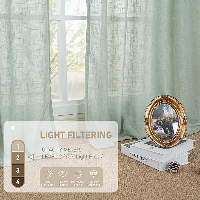 LAMIT Light Sage Linen Sheer Curtains for Bedroom, Faux Linen Textured Light Filtering Drapes Back Tab and Rod Pocket Boho Burlap Panels for Farmhouse/Living Room, 2 Panels, 52 x 84 Inch