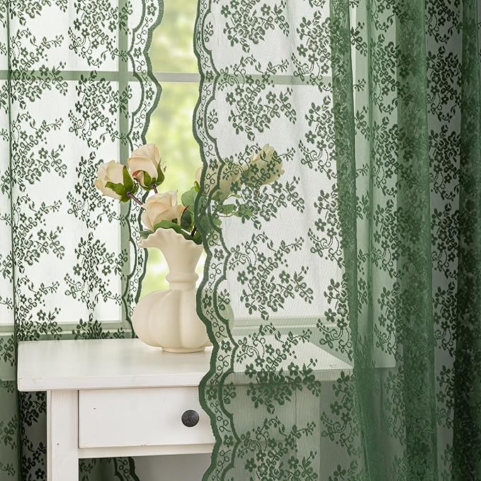 YJ YANJUN Vintage Lace Curtains 63 Inch Length-Victorian Floral Dark Olive Green Sheer Curtains 1 Pair Transparent Voile for Bedroom Kitchen Sunroom Bohemian Christmas Decor Rod Pocket W52 x L63