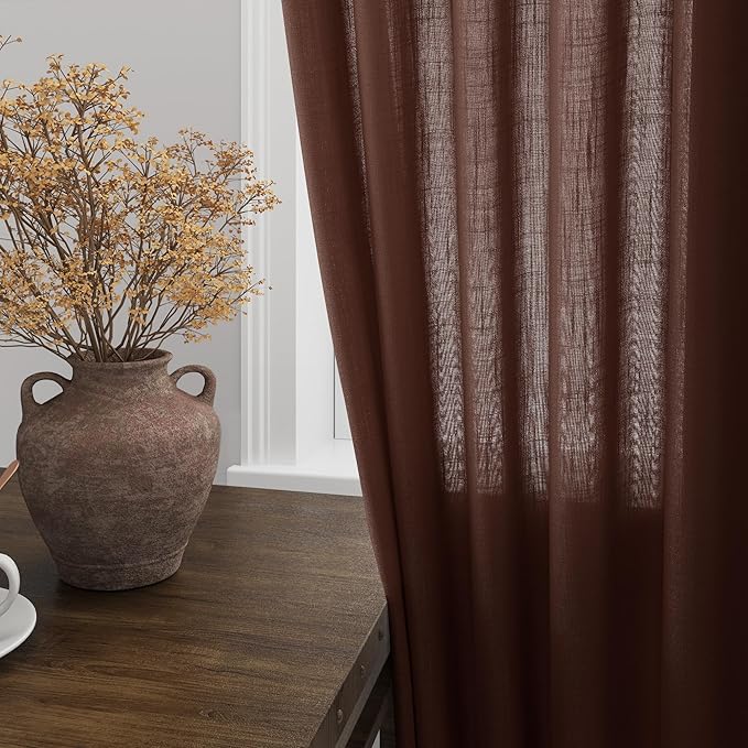 Nanspring Rustic Brown Linen Curtains 72 Inch Length for Living Room Semi Sheer Light Filtering Door Drapes 2 Panels Set for Kids Bedroom Back Tab Rod Pocket Modern Farmhouse Decor 52x72