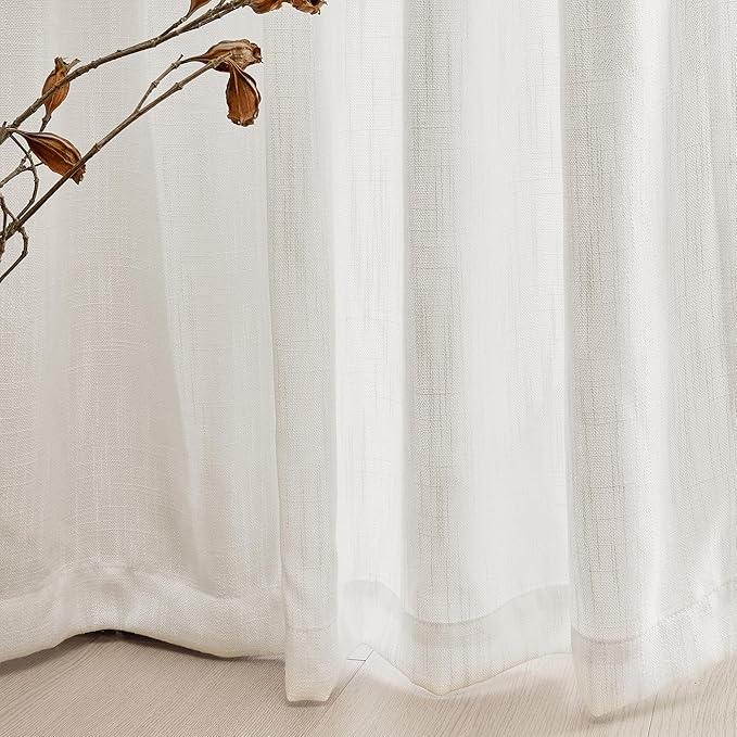 MYSKY HOME Short Curtains for Small Kitchen Windows 45 inches Length, Linen Look Curtain Drapes Cotton Polyester Blend, Soft Fabric Light Filtering Privacy Protect, Beige White, 50 x 45 inches, 2 PCs