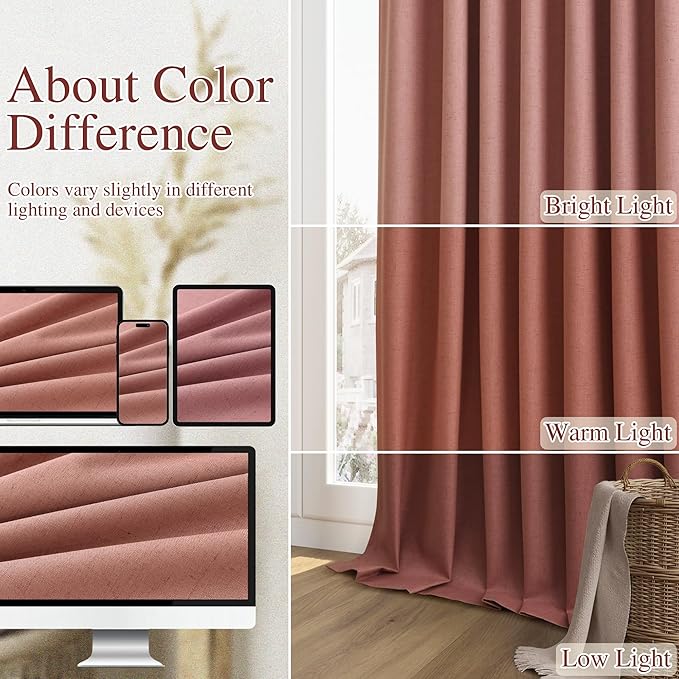 Dusty Rose 100% Blackout Linen Curtains 108 Inch Length 2 Panels Set for Girls Bedroom Back Tab Thermal Insulated Black Out Drapes Room Darkening Farmhouse Style for Bedroom Window Curtains 52x108