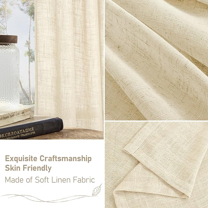 LAMIT Linen Semi Sheer Curtains 96 inches Long 2 Panels Set, Light Filtering Panels Back Tab and Rod Pocket Floor to Ceiling Curtains for Bedroom/Living Room, Beige, 52 x 96 Inch