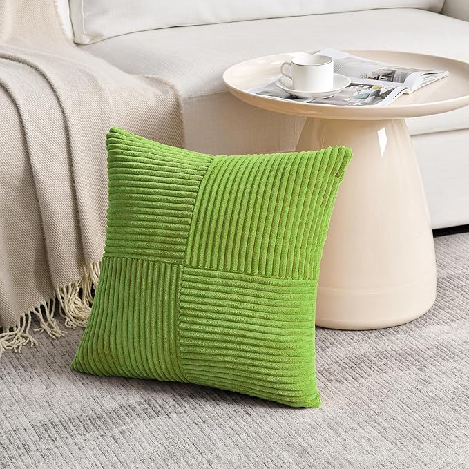 Fancy Homi Set of 2 Lime Green Decorative Throw Pillow Covers 20x20 Inch for Living Room Couch Bed Sofa, Farmhouse Boho Home Decor, Soft Cross Corduroy Patchwork Accent Square Cushion Case 50x50 cm