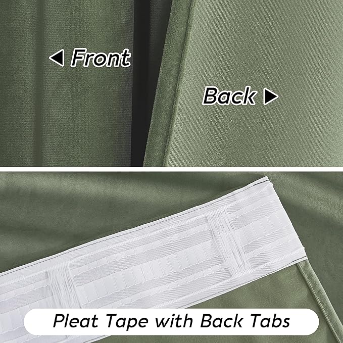 RYB HOME Sage Green Velvet Curtains 96 inch, Room Darkening Super Soft Velvet Drapes for Living Room Thermal Insulated Pleat Tapes Window Treatment for Bedroom Playroom, W52 x L96 inch, 2 Panels