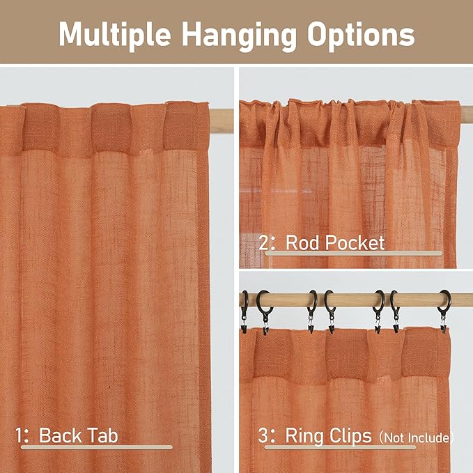 LAMIT Burnt Orange Linen Curtains for Living Room, 84 inch Length Light Filtering Semi Sheer Drapes Back Tab and Rod Pocket Farmhouse Panels for Bedroom, 2 Panels, 34 x 84 Inch