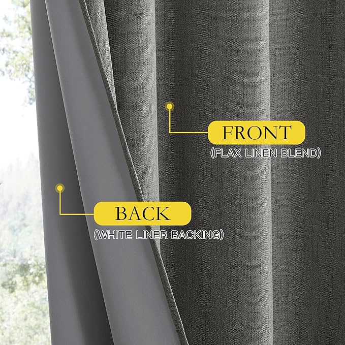 NICETOWN Grizzle Gray Vintage Linen 100% Blackout Curtains for Living Room, Thermal Insulated Curtains 102" Long, Noise Reducing Window Treatment Drapes for Hall Room, 52" Wide Per Panel, Set of 2
