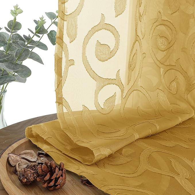 OWENIE Furman Gold Sheer Curtains 45 Inch Length 2 Panels Set for Living Room Bedroom Bathroom Window, Airy Jacquard Clip Short Curtains for Small Window, 40Wx45L inch