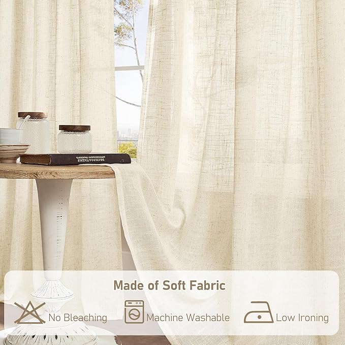 LAMIT Beige Linen Kitchen Curtains 30 Inch Length, Semi Sheer Light Filtering Window Panels Back Tab and Rod Pocket Drapes for Basement/Small Windows, 25 x 30 Inch, 2 Panels