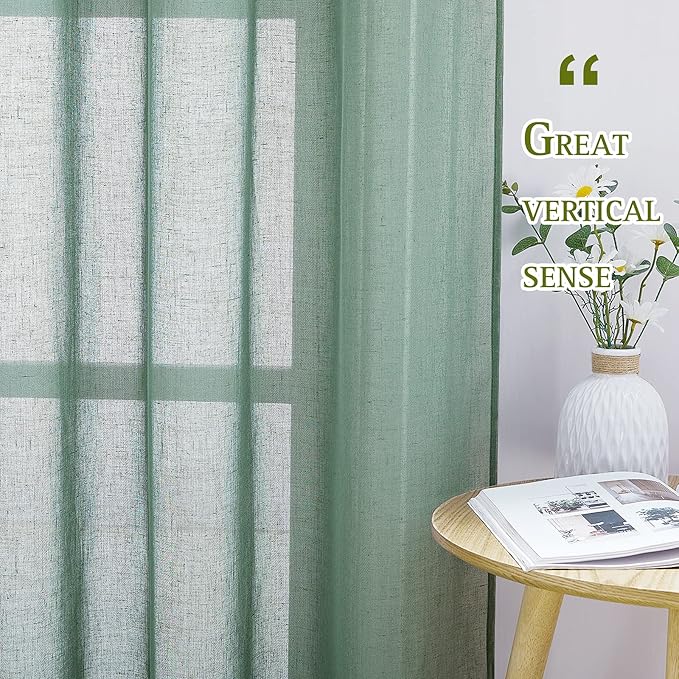 NICETOWN Linen Sheer Curtains Flax Textured for Living Room, Grommet Semi Sheer Vertical Drapes Privacy with Light Filter for Home Office/Farm House, W36 x L84, Olive Green, 1 Pair