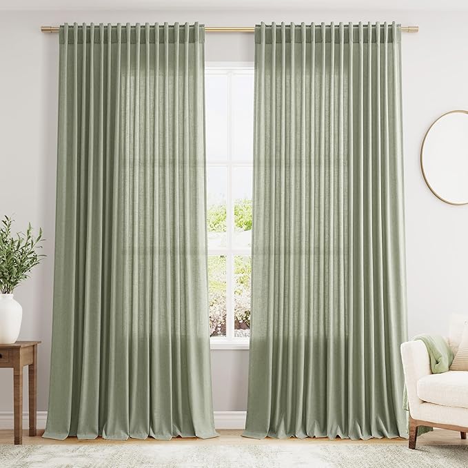 Sage Green Large Window Curtains Light Filtering Semi Sheer Privacy Linen Textured Curtain for Patio Sliding Glass Door Extra Wide Rustic Farmhouse Drapes for Living Room Bedroom Sunroom 100x90 Inch