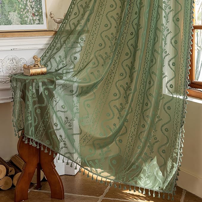 WAZZIO Boho Lace Curtains 2 Panels 84 Inches -Vintage Victorian Sheer Panel Drape French Country Floral Pattern & Tassel Light Filtering Privacy for Bedroom Dining Living Room,Dark Sage Green,W52x L84