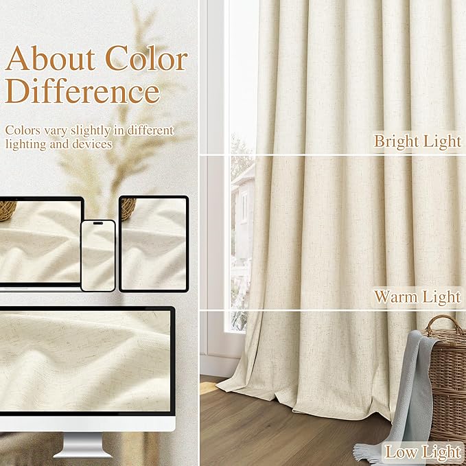 Guken 100% Blackout Curtains 100 Inch Length 2 Panels Set for Living Room Bedroom Back Tab Thermal Insulated Black Out Linen Drapes Room Darkening Window Curtains 100 Inches Long,Warm Beige