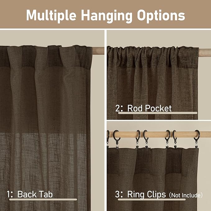 LAMIT Dark Brown Linen Boho Curtains 80 inch Length 2 Panels, Light Filtering Semi Sheer Panels Back Tab and Rod Pocket Neutral Drapes for Bedroom/Living Room, 34 x 80 Inch