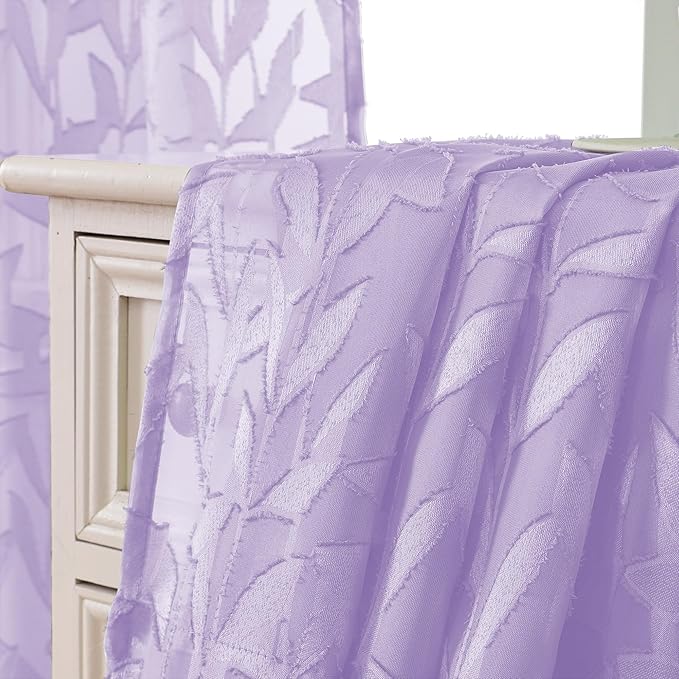 Lecloud Leia Light Purple Sheer Kitchen Curtains 24 Inch Length 2 Panels, Jacquard Textured Leaf Voile Short Curtains with Dual Rod Pocket, Farmhouse Bedroom Living Room Tiers, 38 W x 24 L