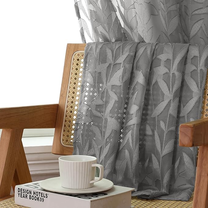 Lecloud Leia Charcoal Grey Sheer Curtains 78 Inches Long 2 Panels, Privacy Airy Voile Jacquard Leaf Textured Curtains, Dual Rod Pockets Farmhouse Drapes for Living Room Bedroom, Each 42" W x 78" L