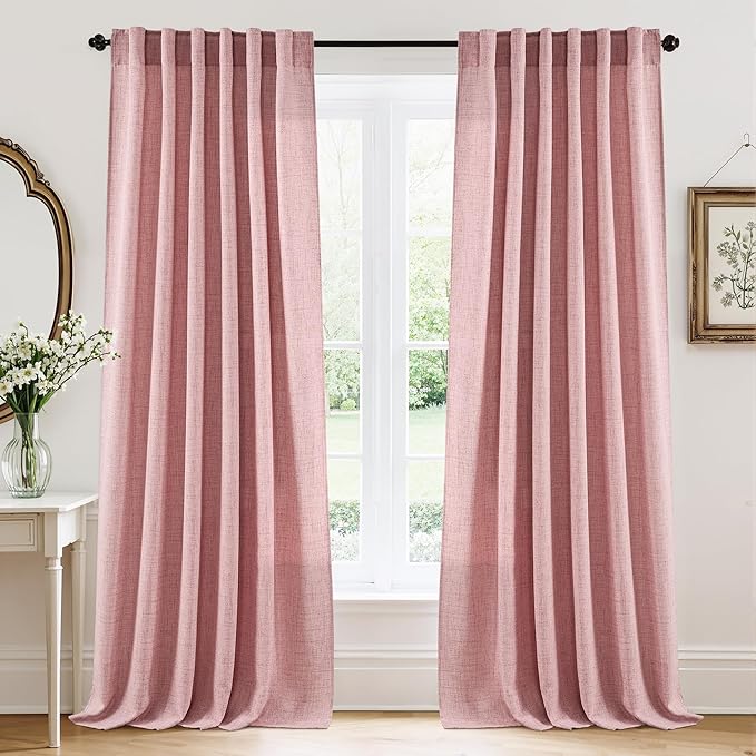 RYB HOME Living Room and Dining Room Curtains and Drapes Linen Sheer, Light Filtering Curtains 96 inches Long, Back Tab/Rod Pocket, Peach Blush, W 52 x L 96 inches, 2 Panels Set