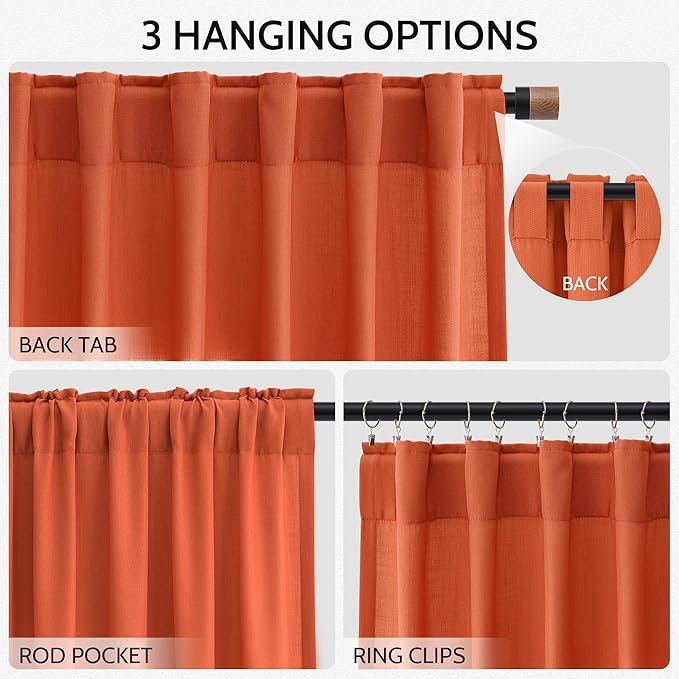 Bright Orange Curtains 63 Inches Long 2 Panel Sets for Living Room Bedroom, Light Filtering Linen Drapes for Kitchen Windows Rod Pocket or Back Tab Curtain,Semi Sheer 52x63