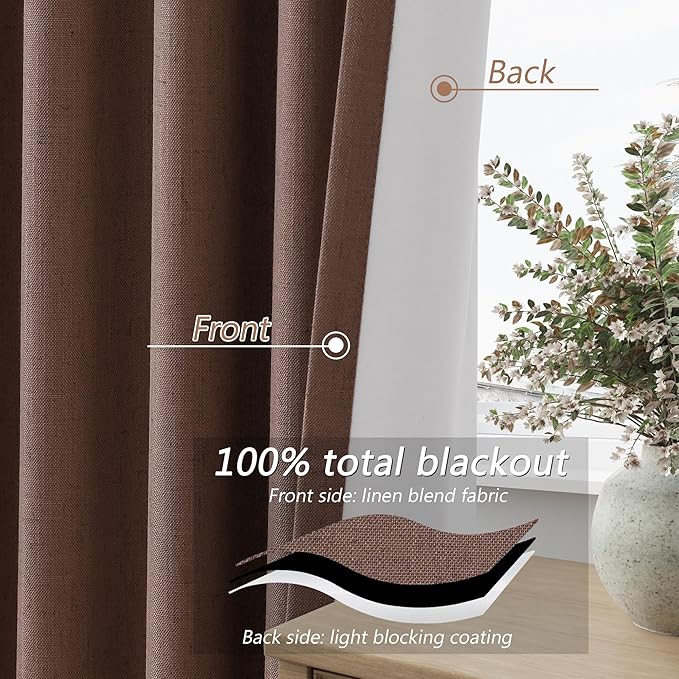 Guken 100% Blackout Curtains 120 Inch Length 2 Panels Set for Living Room Bedroom Back Tab Thermal Insulated Black Out Linen Drapes Room Darkening Cappuccino,52x120