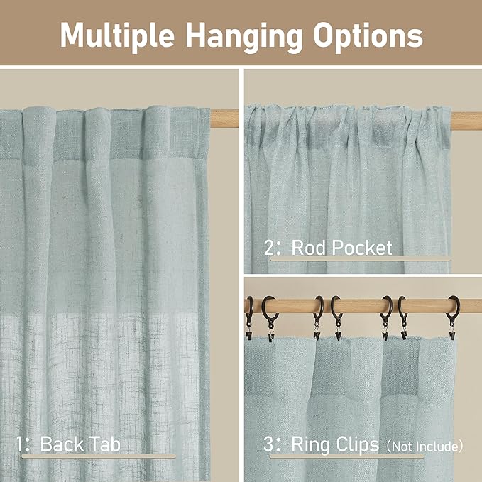 LAMIT Window Linen Curtains 24 Inch Length, Semi Sheer Light Filtering Window Panels Back Tab and Rod Pocket Drapes for Kitchen/Small Windows, Greyish Blue, 25 x 24 Inch, 2 Panels