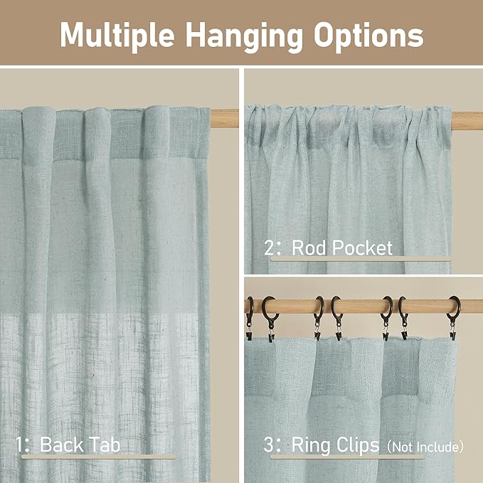 LAMIT Linen Curtains 108 Inches Long for Living Room, Back Tab and Rod Pocket Linen Textured Sheer Curtains Light Filtering Curtains for Boho Farmhouse, 2 Panels, 52 x 108 Inch, Greyish Blue