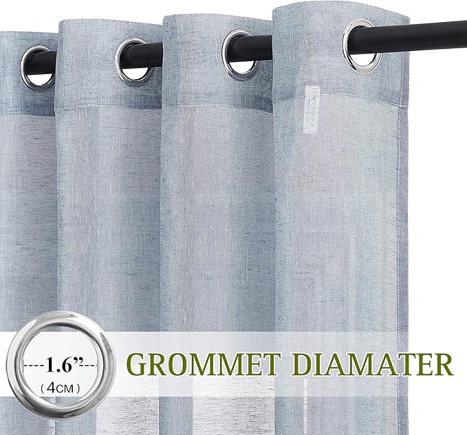 NICETOWN Linen Sheer Sliding Door Curtain 100 Inch, Eyelet Top Semi Privacy Window Treatment Light Filtering Flax Sheer Drapes for Guest Room, W100 x L84, 1 Panel, Sea Mist