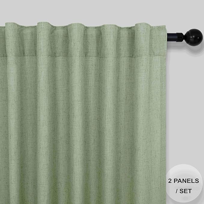 Sage Green Curtains 96 Inches Long for Living Room 2 Panels Back Tab Loop Pocket Linen Draperies Semi Privacy Sheer Light Weight Pale Green Curtains for Bedroom Office Bay Neutral Boho Farmhouse 8 FT