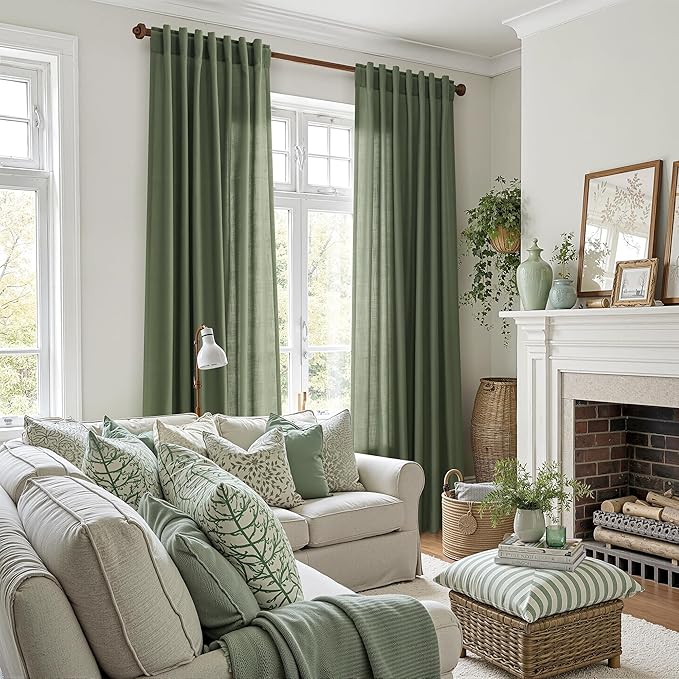 Nanspring Forest Green Linen Curtains for Living Room 120 Inches Long Light Filtering Semi Sheer Curtain Back Tab Wabi Sabi Boho Decor Floor to Ceiling High Window for Bedroom Office 52x120, 2 Panels