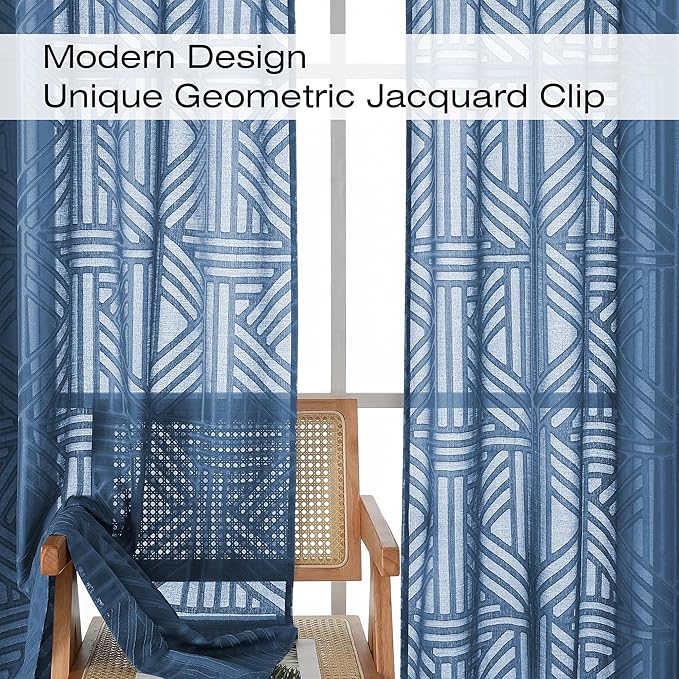 Simplebrand Dusty Blue Semi Sheer Curtains 54 Inch Length 2 Panels, Geometric Jacquard Clip Textured Curtains for Bedroom, Modern Elegant Window Drapes/Treatment, 42x54 Inch