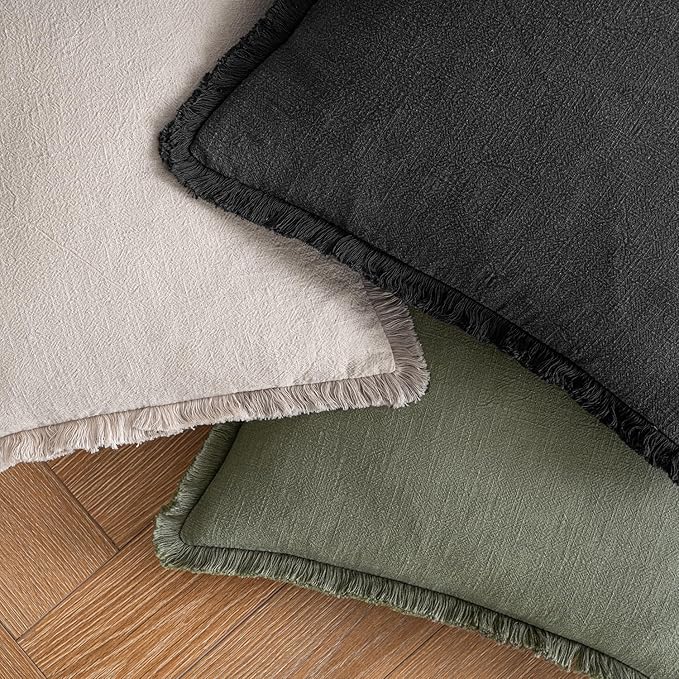 MIULEE Decorative Throw Pillow Covers Neutral Linen Fringe Throw Pillows Euro Shams Set of 2 Black Boho Farmhouse Cushion Covers for Couch Sofa Bed Living Room Spring Home Decor 22x22 Inch