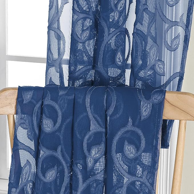 OWENIE Furman Sheer Curtains 72 inches Long 2 Panels Set, Light Filtering Top Rod Pocket Semi Sheer Door Curtains, Geometric Jacquard Clip Design for Bedroom Living Room, Blue 40Wx72L inch