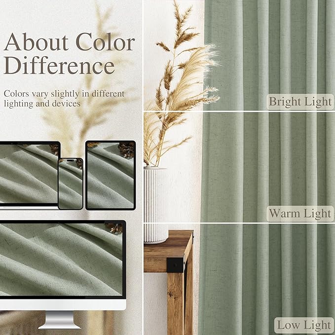 Nanspring Desert Sage Linen Curtains Semi Sheer 96 Inches Long 2 Panels Set for Living Room Back Tab Rod Pocket Light Filtering Drape for Bedroom Modern Farmhouse Coastal Decor Protect Privacy 52x96