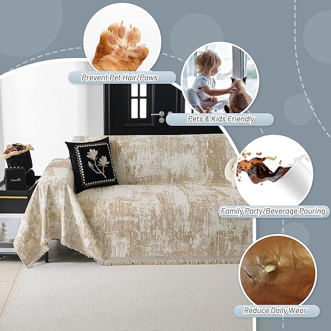MYSKY HOME Couch Cover for Sectional Sofa Set - Abstract Geometric Furniture Protector for Dog Cat Pets - Washable 3 Seat Chenille Cover - Multi Use Throw Blanket, 91" X150"