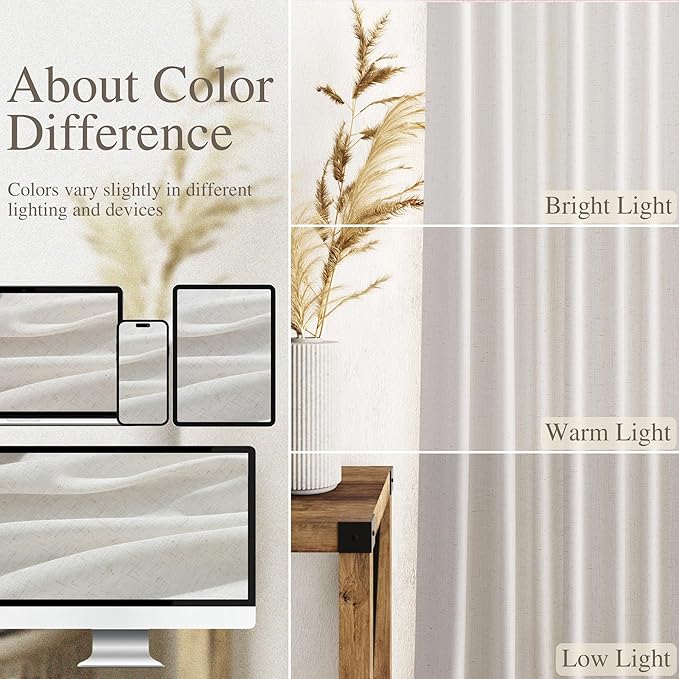 Nanspring Natural Linen Curtains 102 Inches Long for Living Room Rustic Light Filtering Semi Sheer Curtains Back Tab and Rod Pocket Farmhouse Decor Curtain for Bedroom Office 52x102, 2 Panels