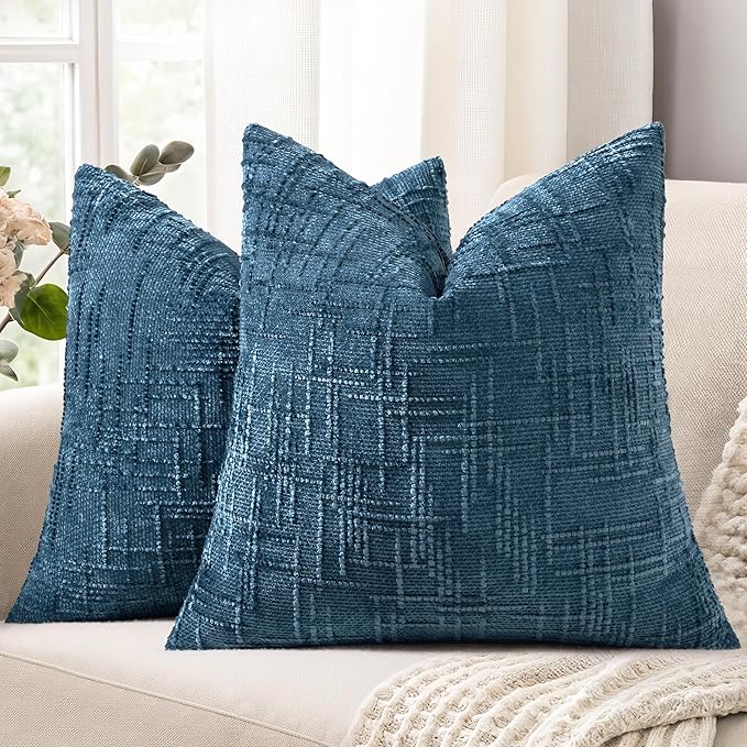 decorUhome Navy Blue Chenille Euro Sham Throw Pillow Covers 22x22 Set of 2 Textured Soft Cozy Slubby Couch Pillow Covers Modern Farmhouse Boho Decorative Pillow Cases for Bed Sofa Living Room