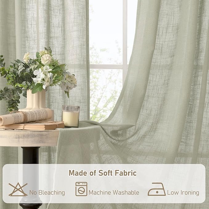LAMIT Sage Grey Linen Kitchen Curtains 30 Inch Length, Semi Sheer Light Filtering Window Panels Back Tab and Rod Pocket Drapes for Basement/Small Windows, 34 x 30 Inch, 2 Panels