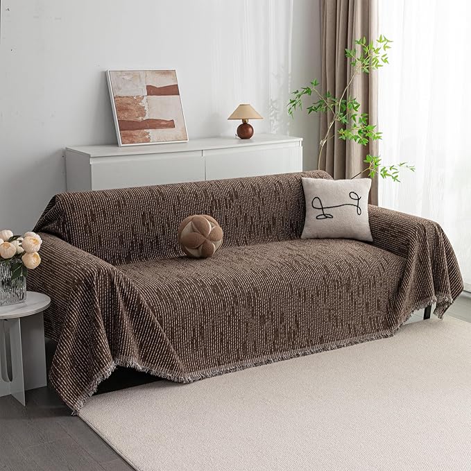 MYSKY HOME Loveseat Cover Deep Chocolate Couch Cover Sectional Couch Covers for 2 Cushion Couch Sofa Thick Universal Chenille Sofa Cover with Tassel Durable Furniture Protector for Dogs 91" x 118"