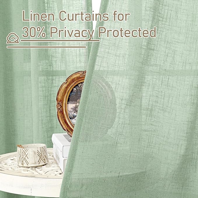 LAMIT Fresh Green Linen Boho Curtains 68 inch Length 2 Panels, Light Filtering Semi Sheer Panels Back Tab and Rod Pocket Neutral Drapes for Bedroom/Living Room, 52 x 68 Inch