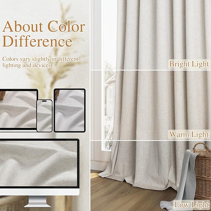 Guken 100% Black Out Light Beige Linen Curtains 90 Inch Long for Living Room Back Tab Rod Pocket Modern Farmhouse Thermal Insulated Drapes for Bedroom Black Out Window Curtain 2 Panels, 52x90