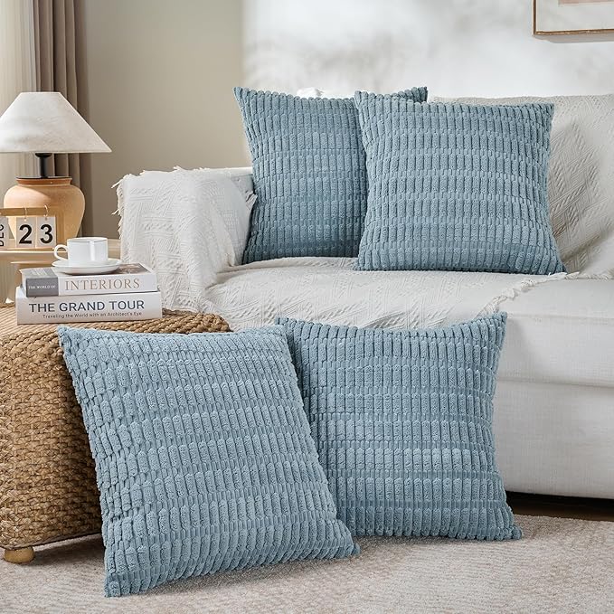 Fancy Homi 4 Packs Boho Light Blue Decorative Throw Pillow Covers 24x24 Inch for Couch Bed Sofa, Rustic Modern Farmhouse Home Decor, Soft Plush Corduroy Cute Square Cushion Case 60x60 cm