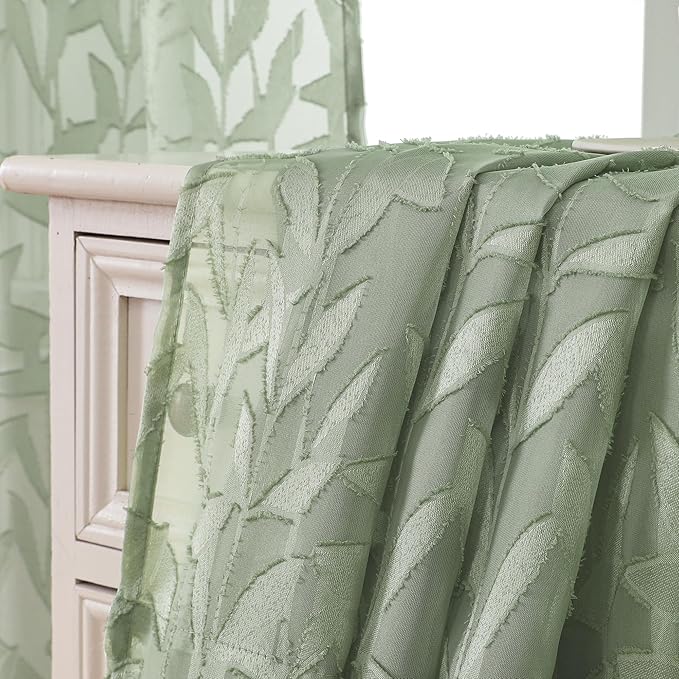 Lecloud Leia 14 Inch Sage Valance for Window Green Sheer Curtains 2 PCS, Jacquard Texture Leaves Semi Voile Living Room Curtain for Small Window, Dual Rod Pockets Bedroom Kitchen Valance, 38W x 14L