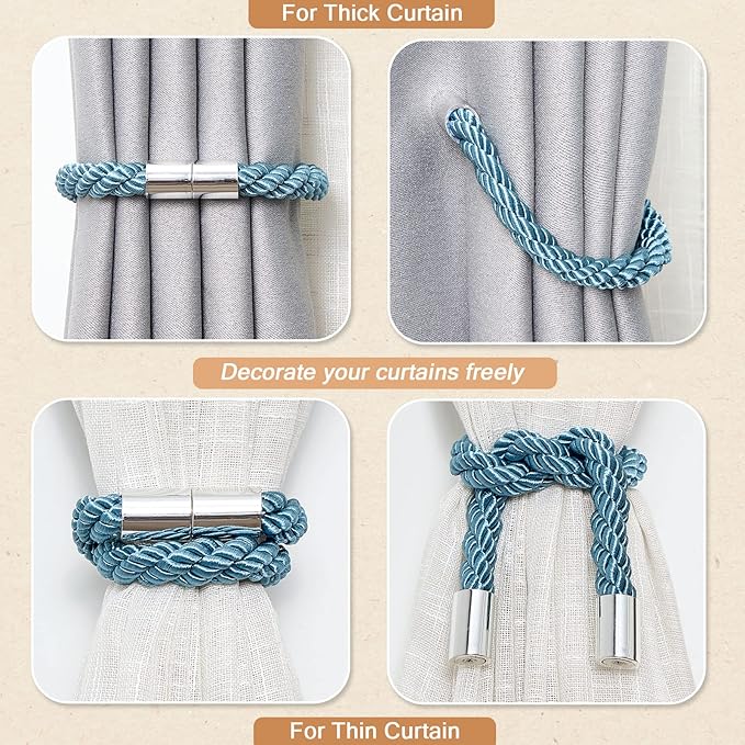 NICEEC 4 Pack Strong Magnetic Curtain Tiebacks Modern Simple Style Drape Tie Backs Convenient Decorative Weave Rope Curtain Holdbacks for Thin or Thick Home & Office Window Draperies (Teal)