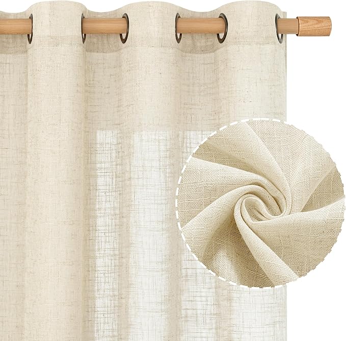 LAMIT Beige Linen Sheer Curtains 96 Inches Long for Living Room, Linen Textured Light Filtering Panels Bronze Grommet Floor to Ceiling Drapes for Sliding Glass Door/Bedroom, 2 Panels, 52 x 96 Inch