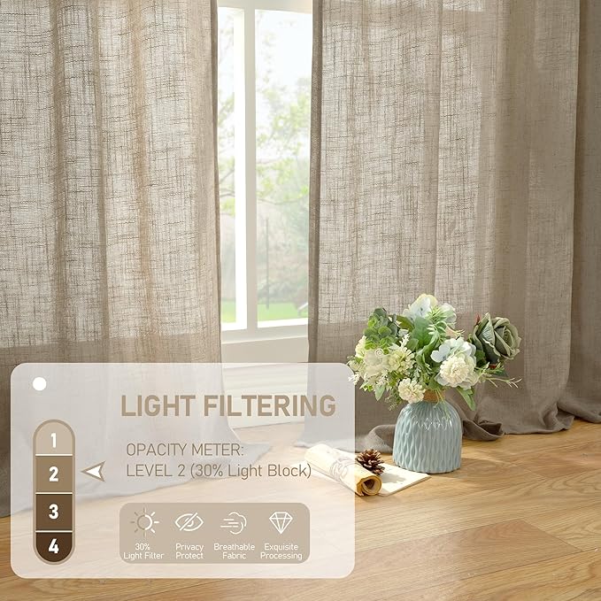 LAMIT Taupe Linen Curtains 24 Inch Length, Semi Sheer Light Filtering Window Panels Back Tab and Rod Pocket Drapes for Basement/Small Windows, 25 x 24 Inch, 2 Panels
