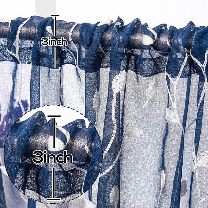 AmHoo 2 Panels Embroidered Leaf Pattern Semi Sheer Curtains Foliage Floral Voile Window Draperies Treatment for Bedroom Living Room Rod Pocket Navy Blue 53 x 63 Inch