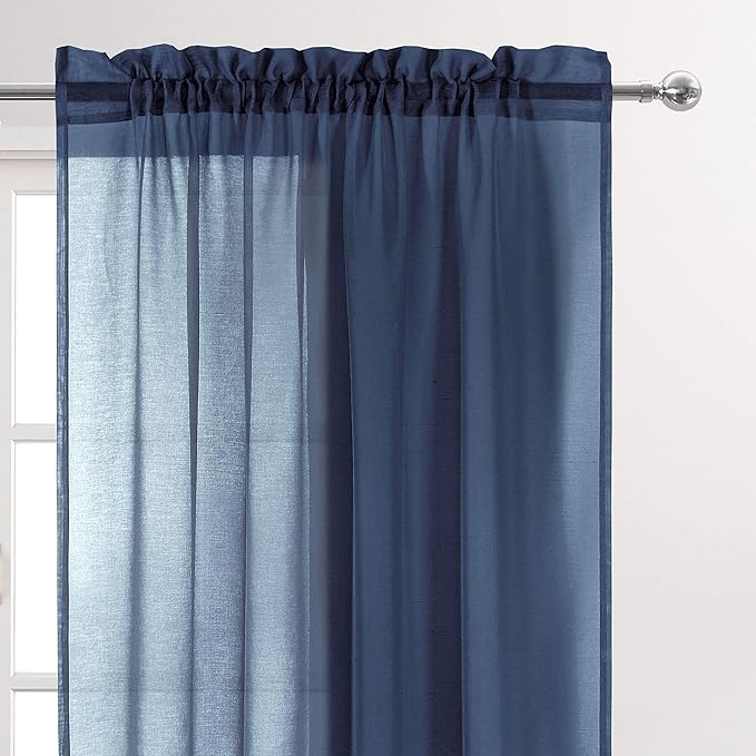DWCN Navy Blue Sheer Curtains Semi Transparent Voile Rod Pocket Curtains for Bedroom and Living Room, 52 x 63 inches Long, Set of 2 Panels
