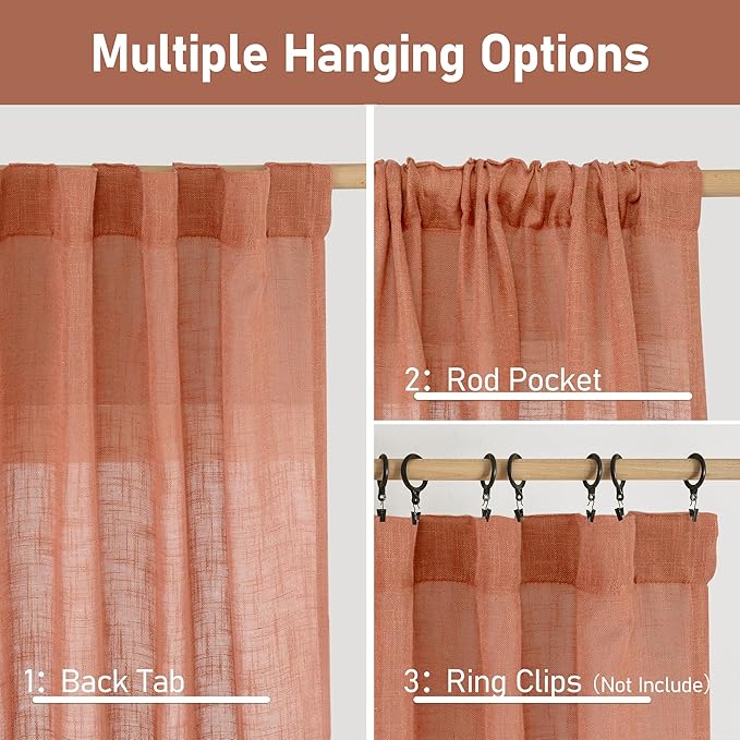 LAMIT Short Window Linen Curtains 36 Inch Length 2 Panels, Terracotta Light Filtering Panels Back Tab and Rod Pocket Neutral Drapes for Bathroom/Loft Room, 34 x 36 Inch